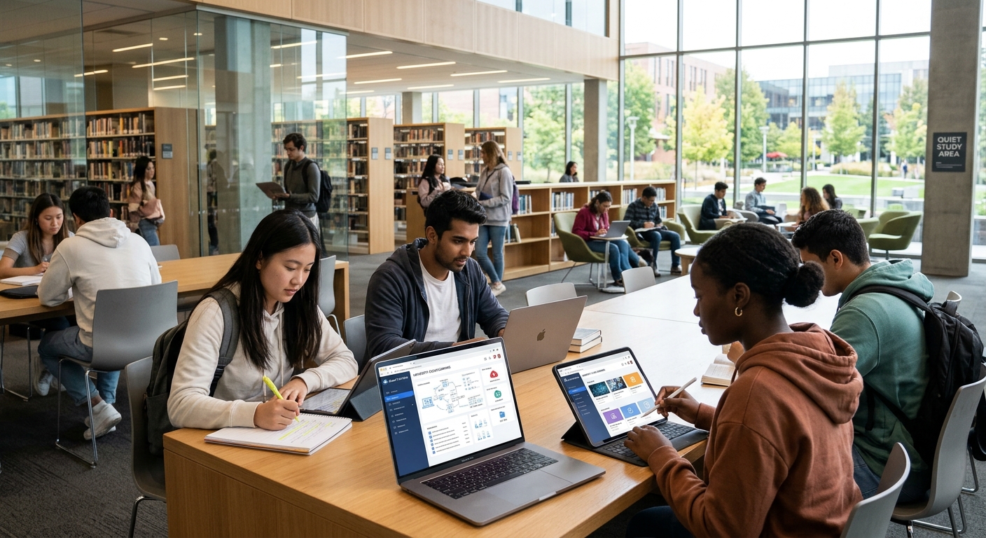 University students engaging with digital coursework on cloud-connected devices