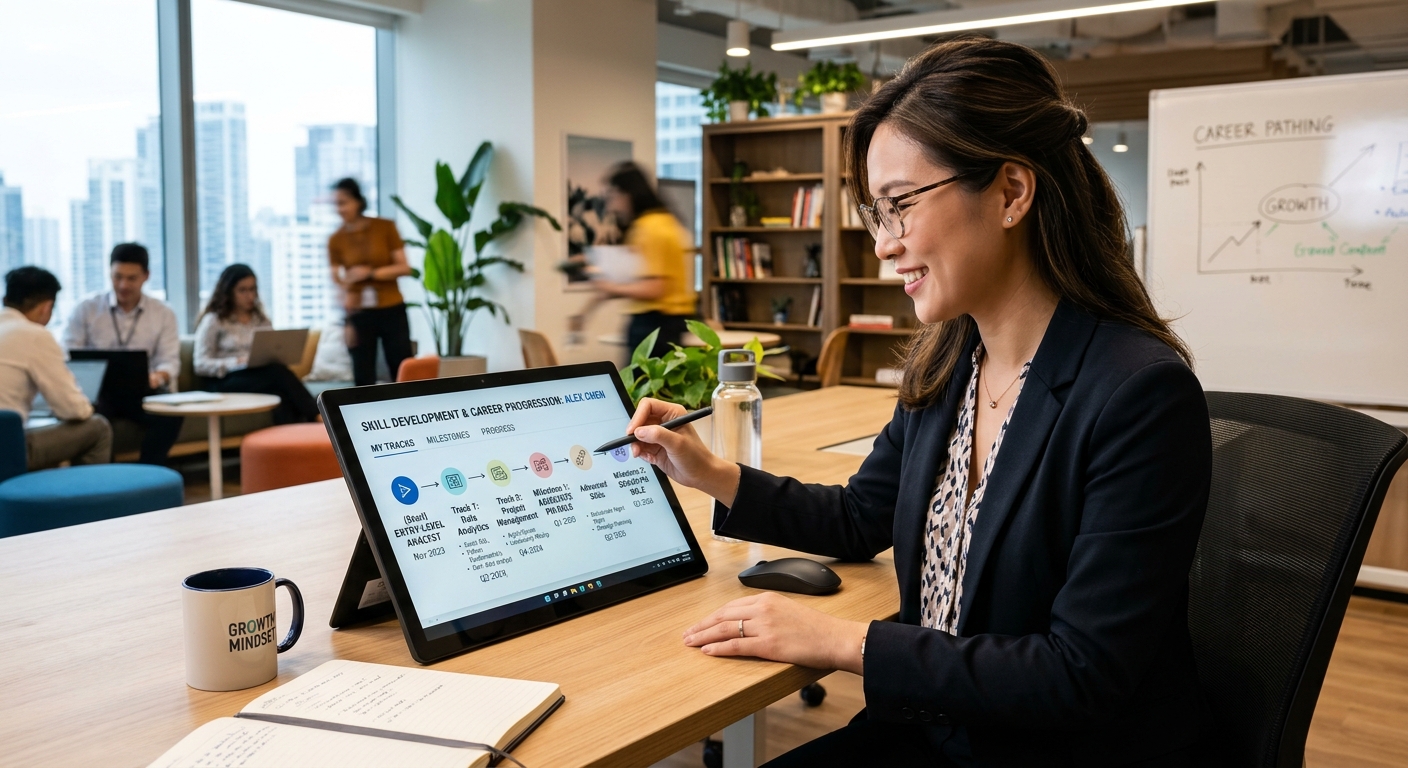 Professional reviewing adaptive learning pathways and career progression milestones on a tablet