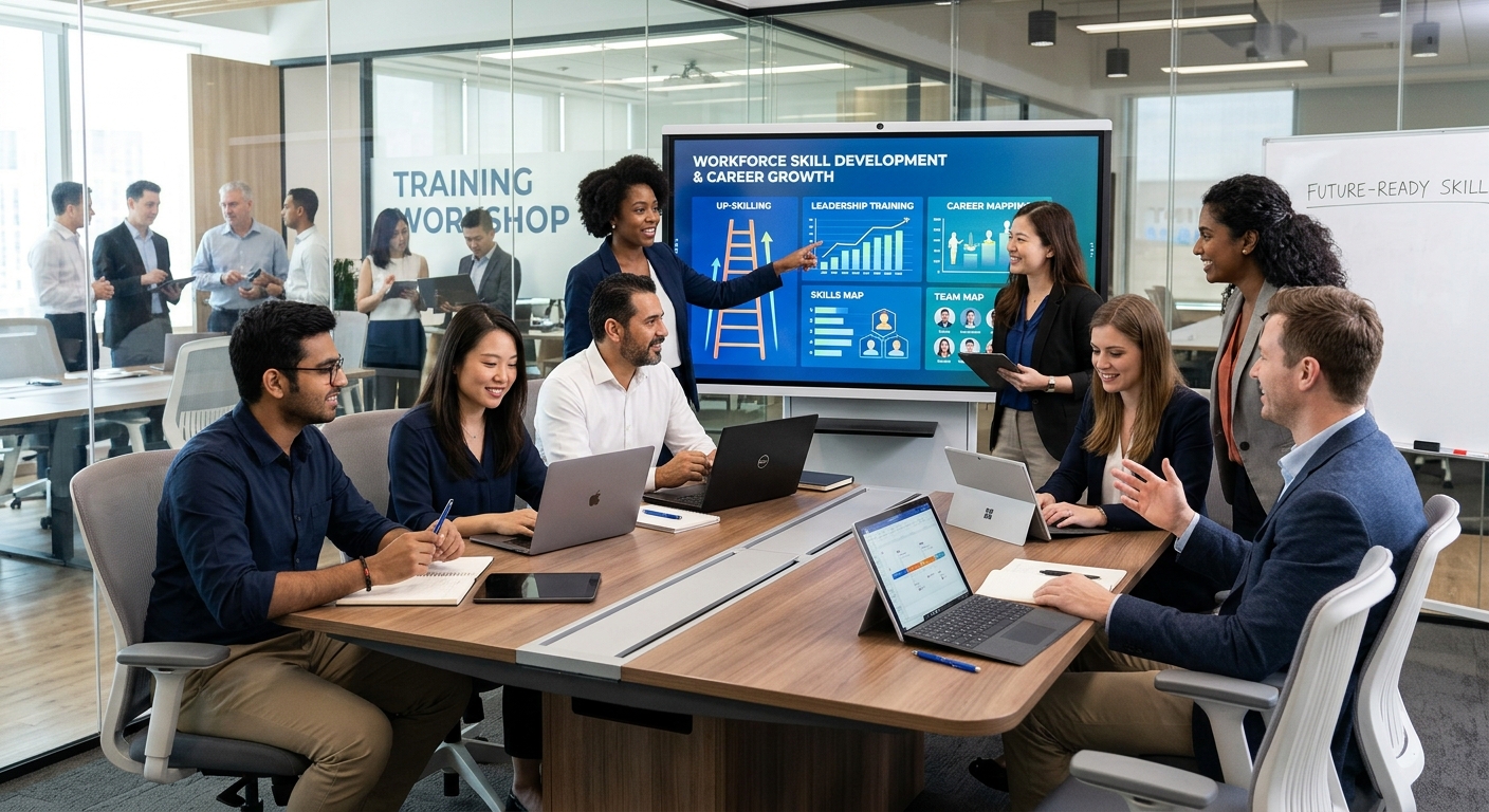 Business professionals collaborating during a corporate upskilling workshop