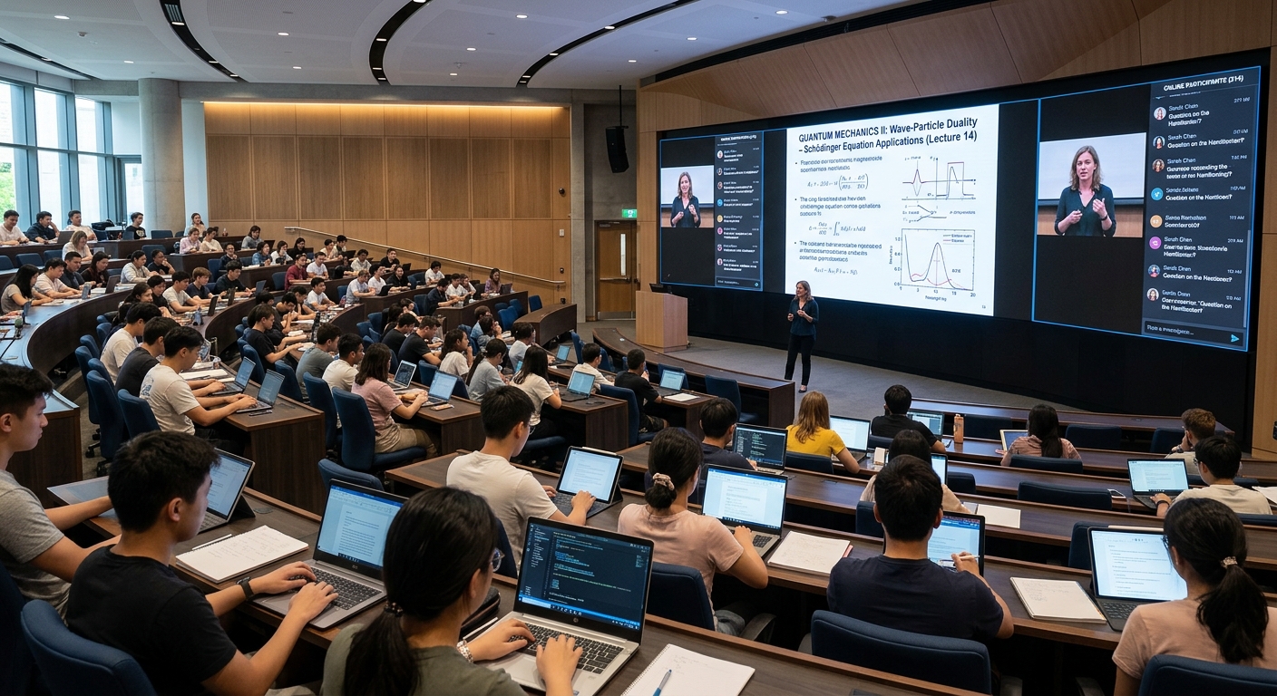 Modern university classroom equipped for hybrid learning with digital displays and connected student laptops