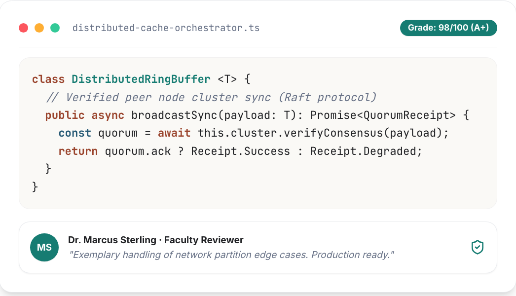 Code editor showing distributed-cache-orchestrator.ts with Grade 98/100 and faculty reviewer evaluation