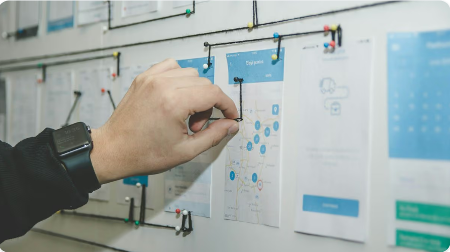 Sprint planning board with workflow wireframes and mobile UI user journeys