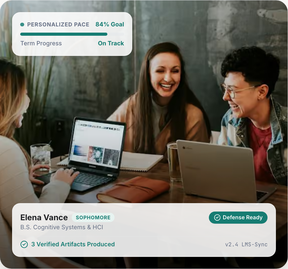 University student collaboration with personalized pace tracker and defense-ready LMS milestone badge